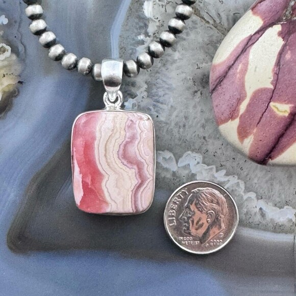 Sterling Silver Southwestern Style Rectangle Rhodochrosite Pendant For Women - Picture 8 of 10